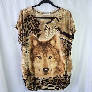 Gabriel Ye Wolf Rhinestone Shirt Ruched Womens‎ XXXL Glam Maximalist Indie